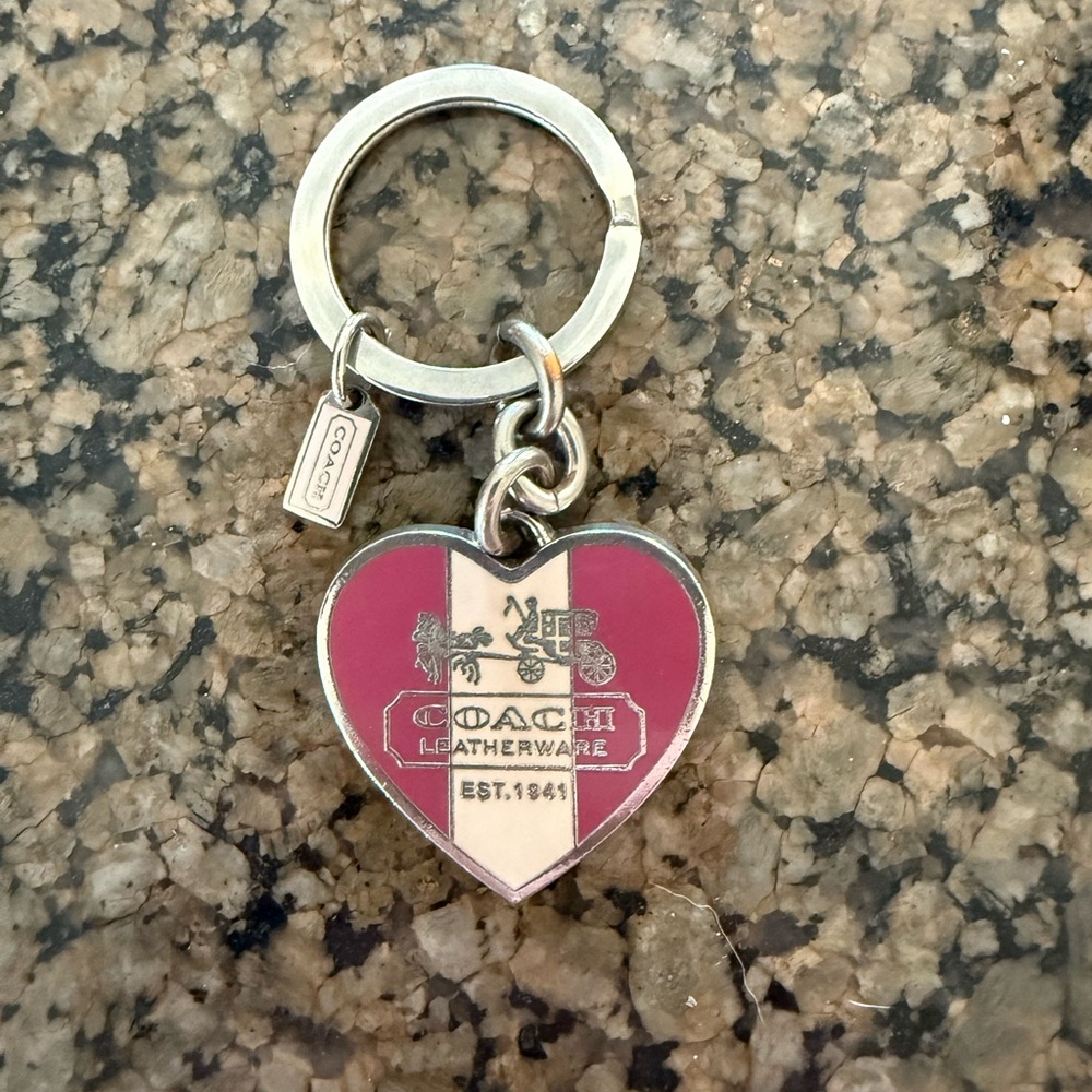 Coach Heart Keychain in Pink and Cream with Silver Hardware